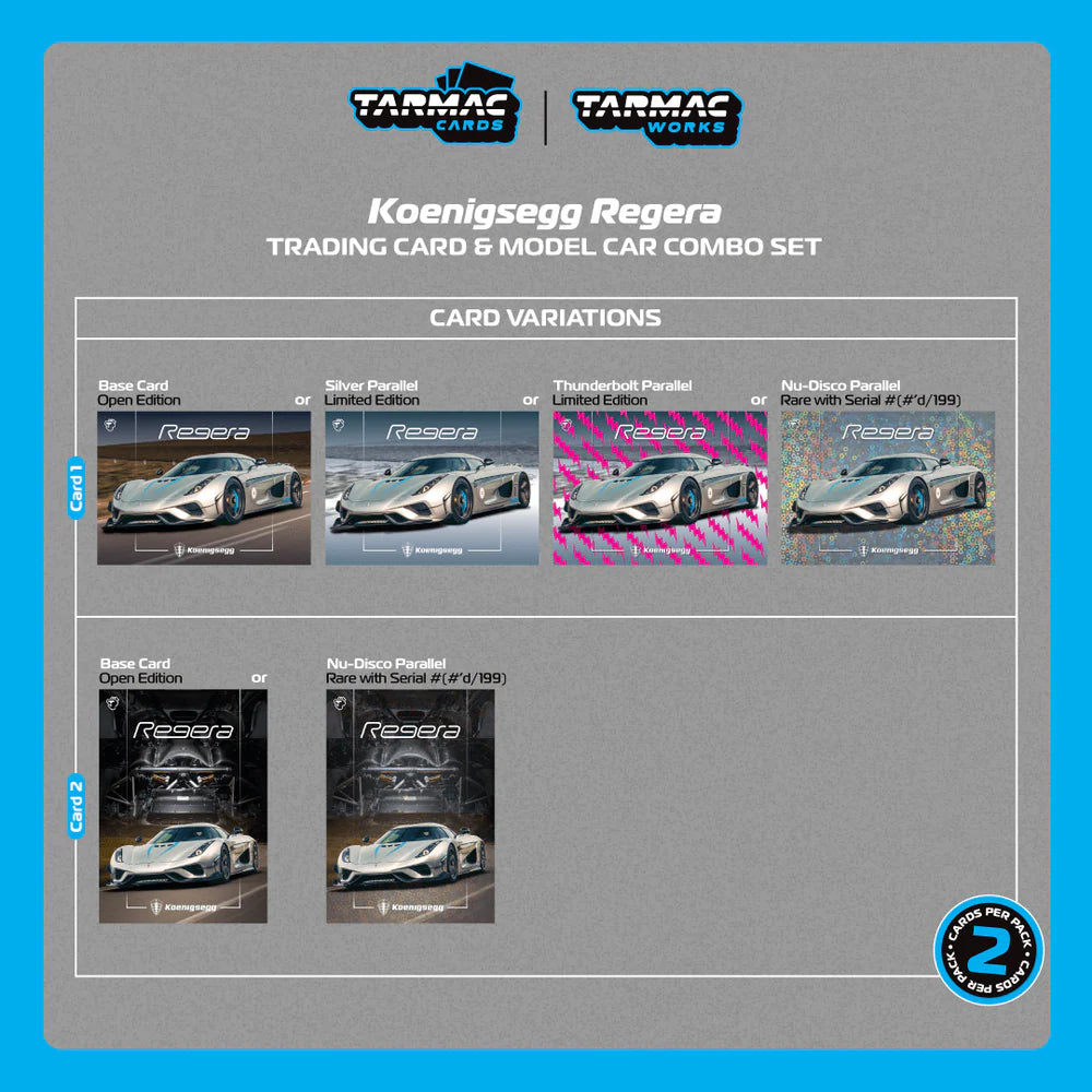 Tarmac Works 1/64 Koenigsegg Regera Silver Metallic / Blue Accents with Tarmac Cards Combo Set - Tarmac Works GLOBAL64