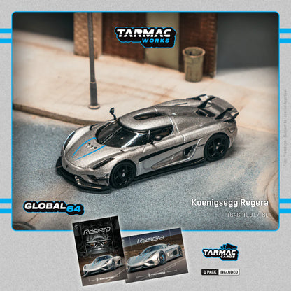 Tarmac Works 1/64 Koenigsegg Regera Silver Metallic / Blue Accents with Tarmac Cards Combo Set - Tarmac Works GLOBAL64