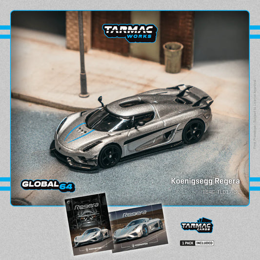 Tarmac Works 1/64 Koenigsegg Regera Silver Metallic / Blue Accents with Tarmac Cards Combo Set - Tarmac Works GLOBAL64