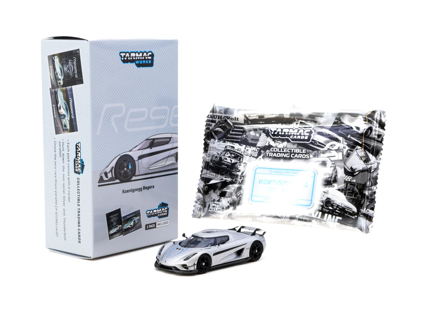 Tarmac Works 1/64 Koenigsegg Regera Silver Metallic / Blue Accents with Tarmac Cards Combo Set - Tarmac Works GLOBAL64