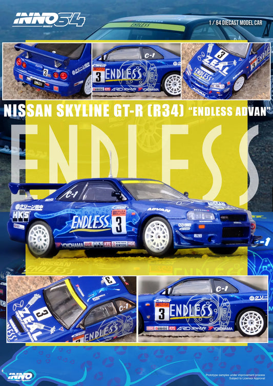 INNO64 1:64 NISSAN SKYLINE GT-R (R34) #3 ENDLESS ADVAN 2002 (IN64-R34-STS02W)