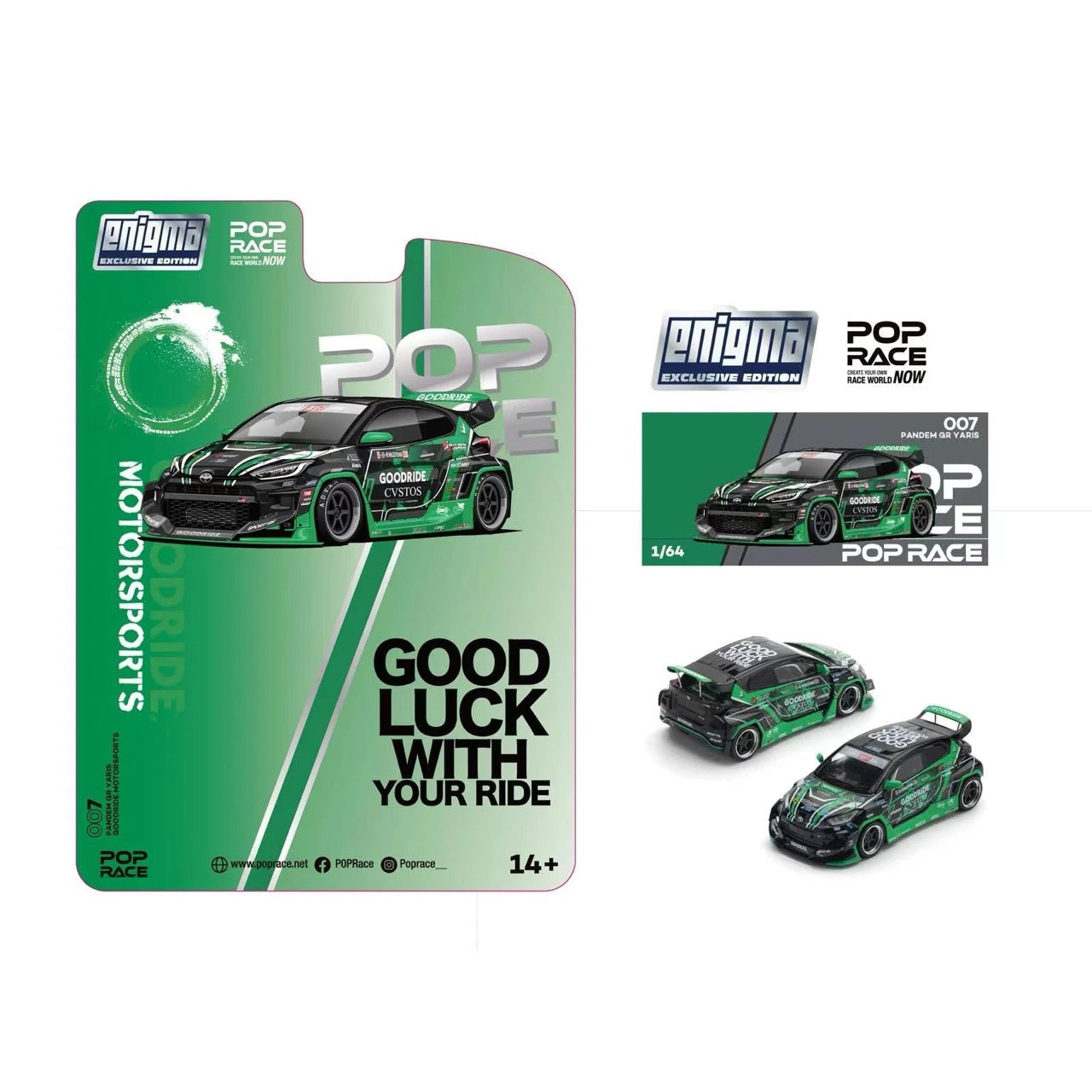 Pop Race X Enigma 1:64 Toyota GR GR Yaris Pandem Rocket Bunny Custom Goodride Green Black in Blister Packaging (PRE007)