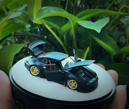 PGM 1:64 Porsche RWB 993 Wide Body Custom GT Wing Spoiler Matt Black Golden Wheels with All Openable Doors and Hoods Limited 999 Pieces Premium Round Box Packaging