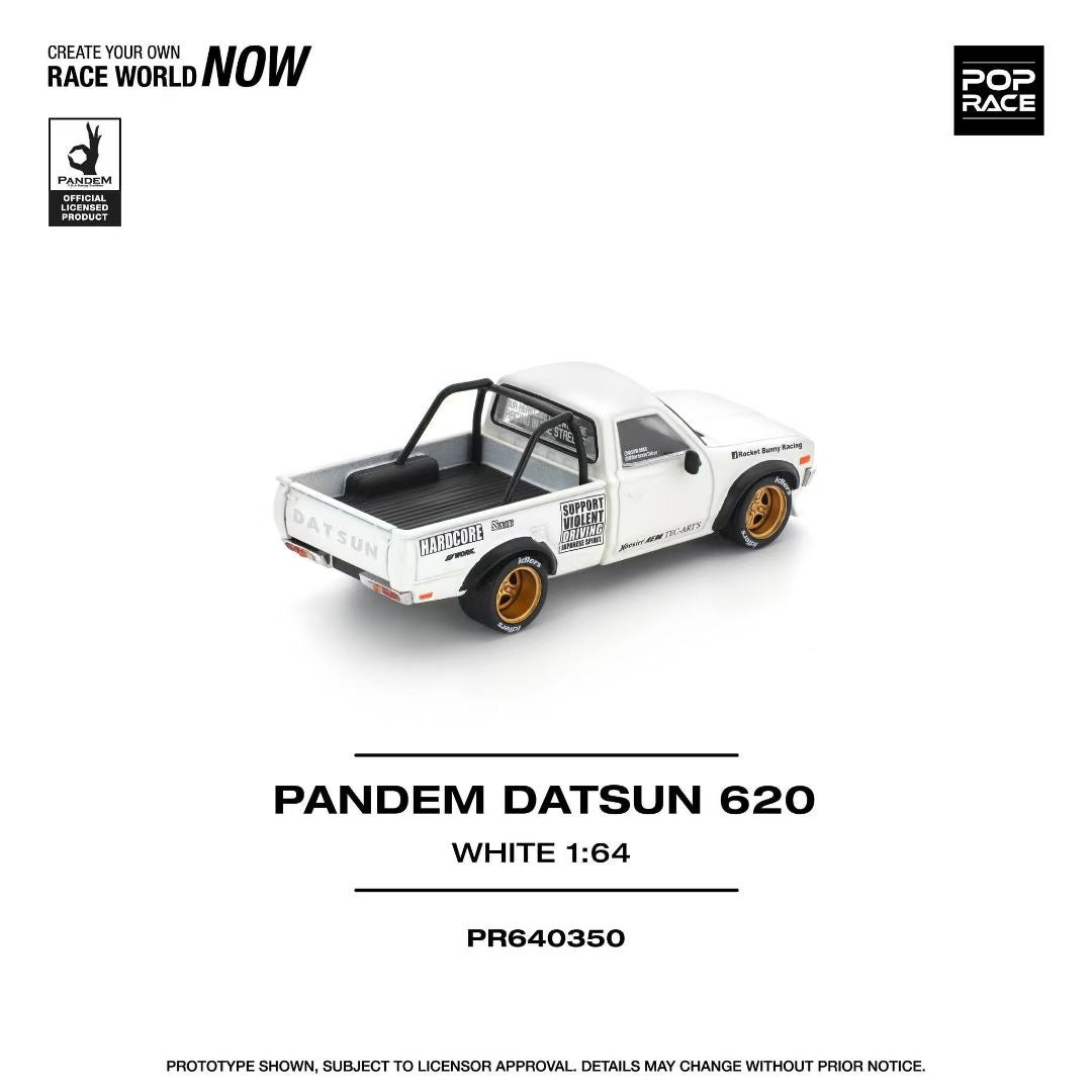 Pop Race 1/64 PANDEM Datsun 620 Pick Up Truck White Openable Front Hood Detailed Engine (PR640350)