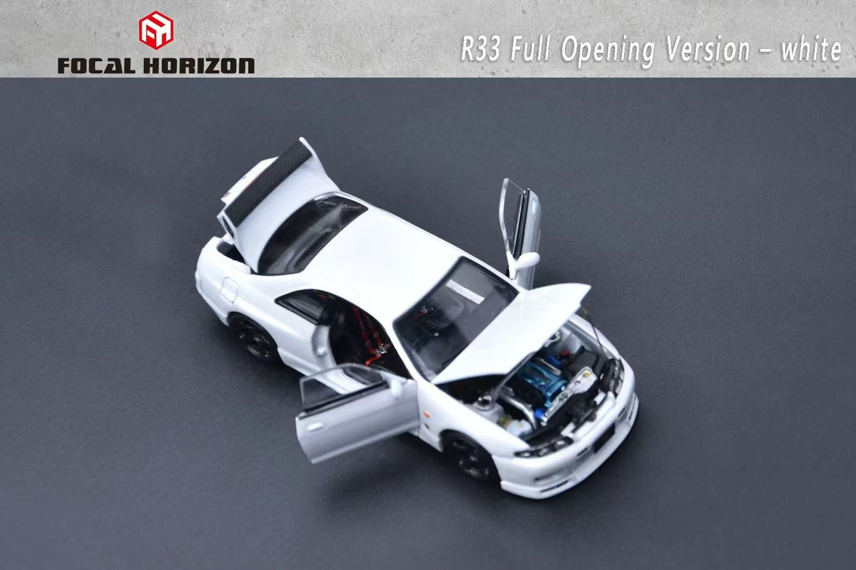 Focal Horizon 1:64 GT-R R33 Skyline BCNR33 Original White with Decal Stickers (ALL OPEN Doors and Hoods with Detailed Engine) Premium Case and Box Packaging