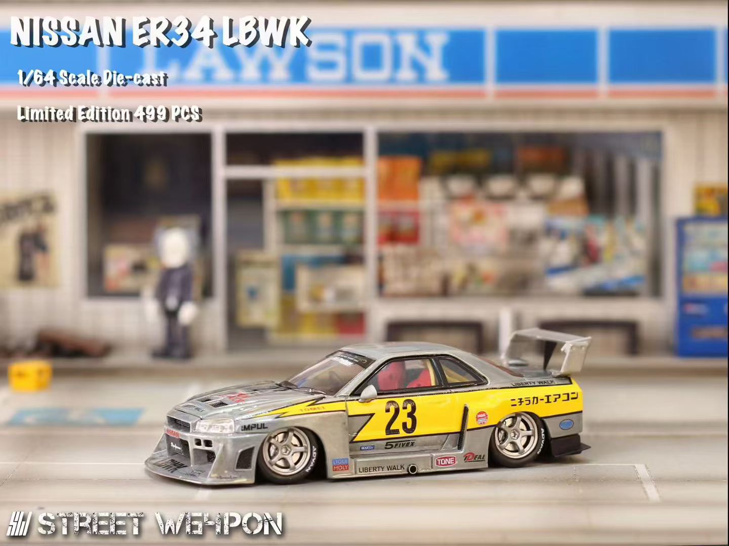 Street Weapon 1/64 Nissan Skyline GT-R R34 ER34 LBWK Super Silhouette #23 Raw Lightening Edition Openable Engine Hood Detailed Engine Limited 499 Pieces
