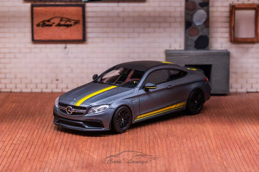 [Premium Resin Model] Car Lounge 1:64 Mercedes-Benz C63S Coupe C-Class W205 Matt Grey Yellow Stripes Special Edition Premium Box Packaging (Limited to 163 Pieces)