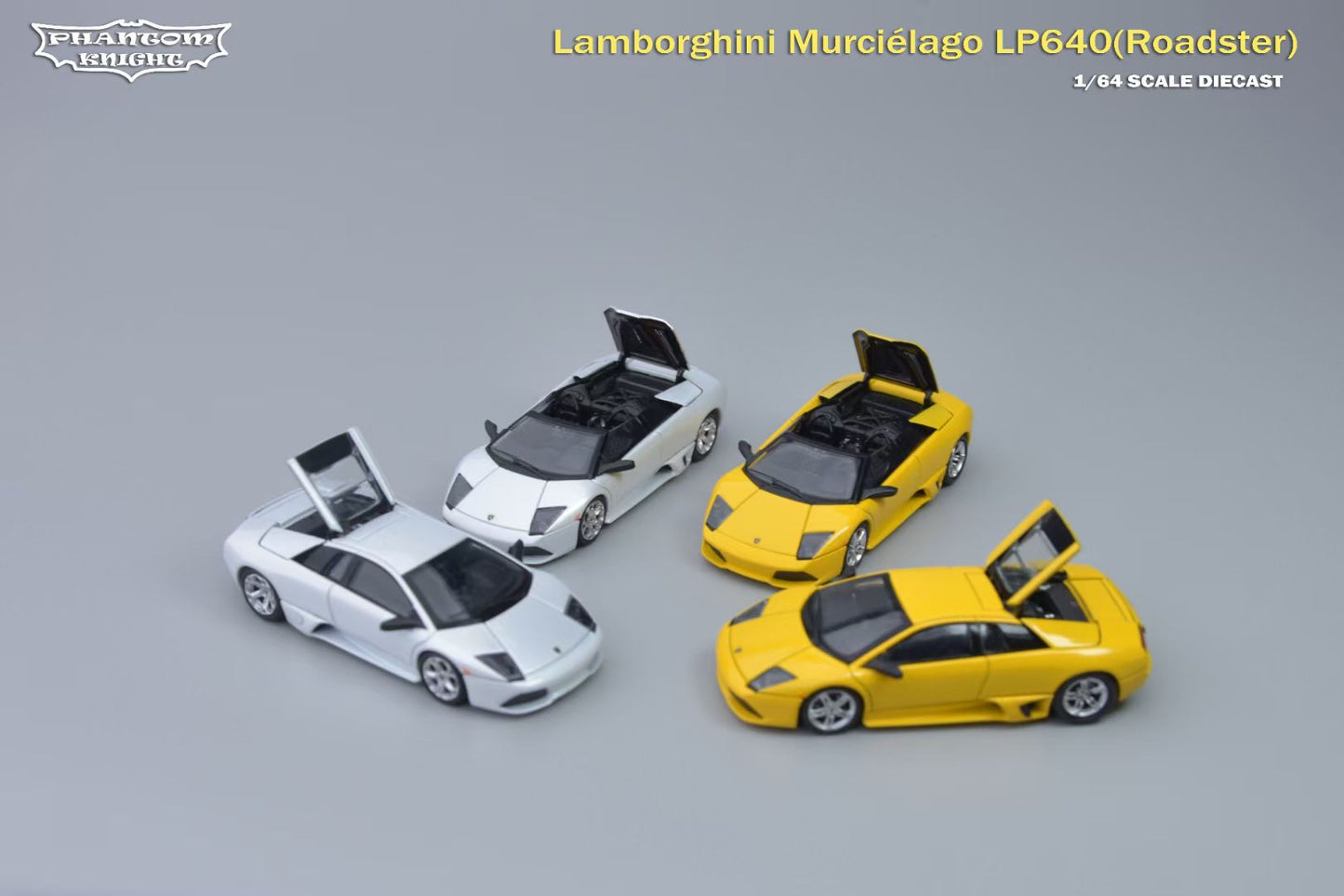Phantom Knight 1:64 Lamborghini Mucielago LP640 Roadster Soft Top Convertible Roof Yellow (Openable Engine Hood and Air Intake, Magnetic Spoiler and Bumpers)
