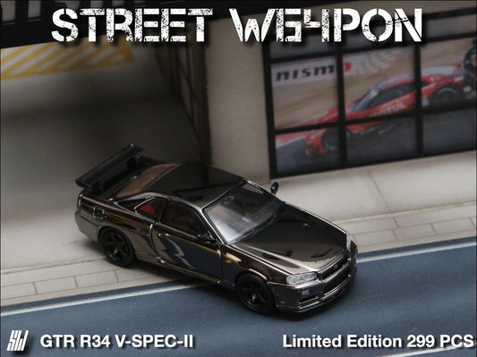 Street Weapon 1/64 Nissan Skyline GT-R R34 V Spec II Metal Plating Black Chrome Effect