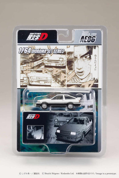 Hobby Japan x JDM64 1:64 Toyota COROLLA LEVIN (AE86) White with Silver Rims / INITIAL D Wataru Akiyama VS Keisuke Takahashi (with 2 Collector Cards)