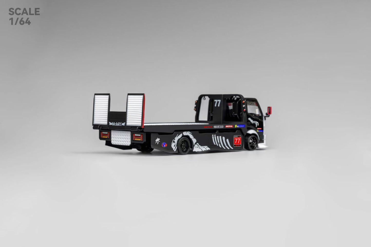 Micro Turbo 1:64 Mega Gear Hino 300 Series MK2 Custom Extendable Tow Truck Flatbed Livery Skeleton Dinosaur Black and White