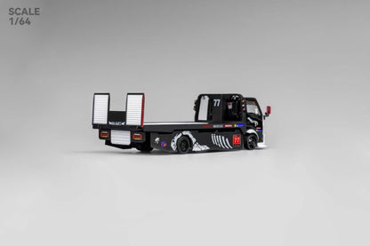 Micro Turbo 1:64 Mega Gear Hino 300 Series MK2 Custom Extendable Tow Truck Flatbed Livery Skeleton Dinosaur Black and White