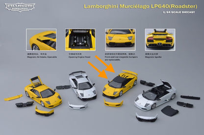 Phantom Knight 1:64 Lamborghini Mucielago LP640 Roadster Soft Top Convertible Roof Yellow (Openable Engine Hood and Air Intake, Magnetic Spoiler and Bumpers)