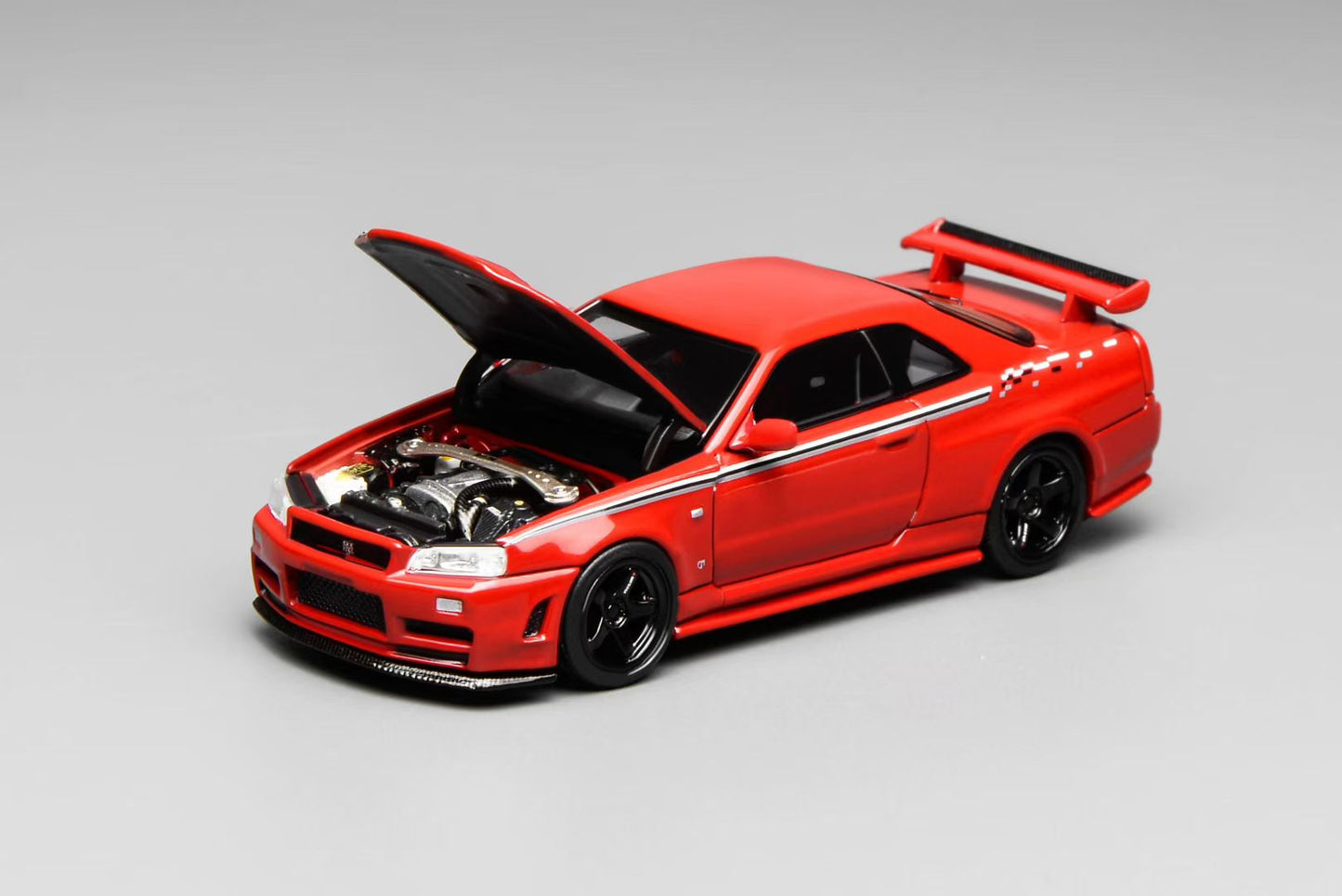 Motorhelix 1:64 Nissan Skyline GT-R R34 Nismo Z-Tune V-Spec-II Nismo Red Openable Front Hood Detailed Engine Official Licensed (Premium Box Packaging)