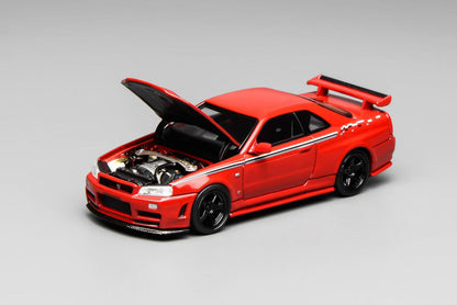 Motorhelix 1:64 Nissan Skyline GT-R R34 Nismo Z-Tune V-Spec-II Nismo Red Openable Front Hood Detailed Engine Official Licensed (Premium Box Packaging)
