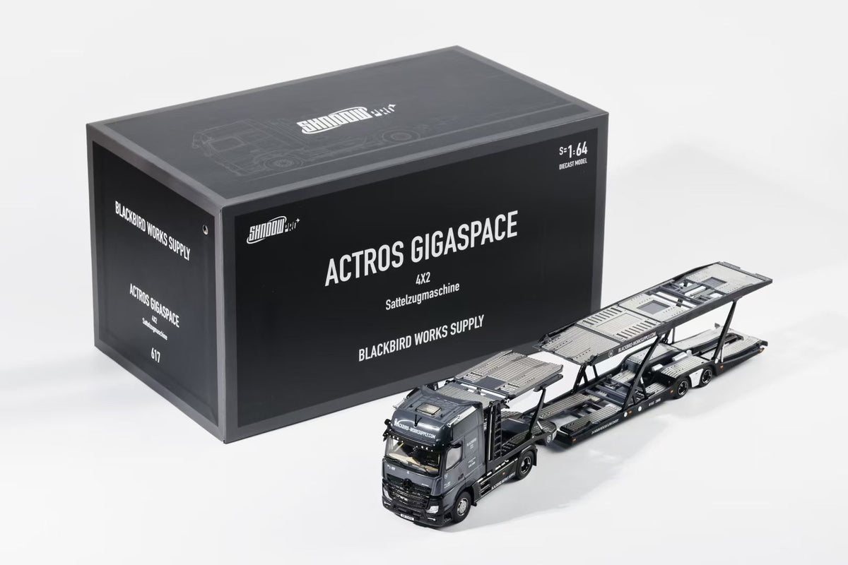 Shadow Pro 1:64 Actros 4X2 Sattelzugmaschine Double Deck Trailer Truck Black Bird Works Supply (617)