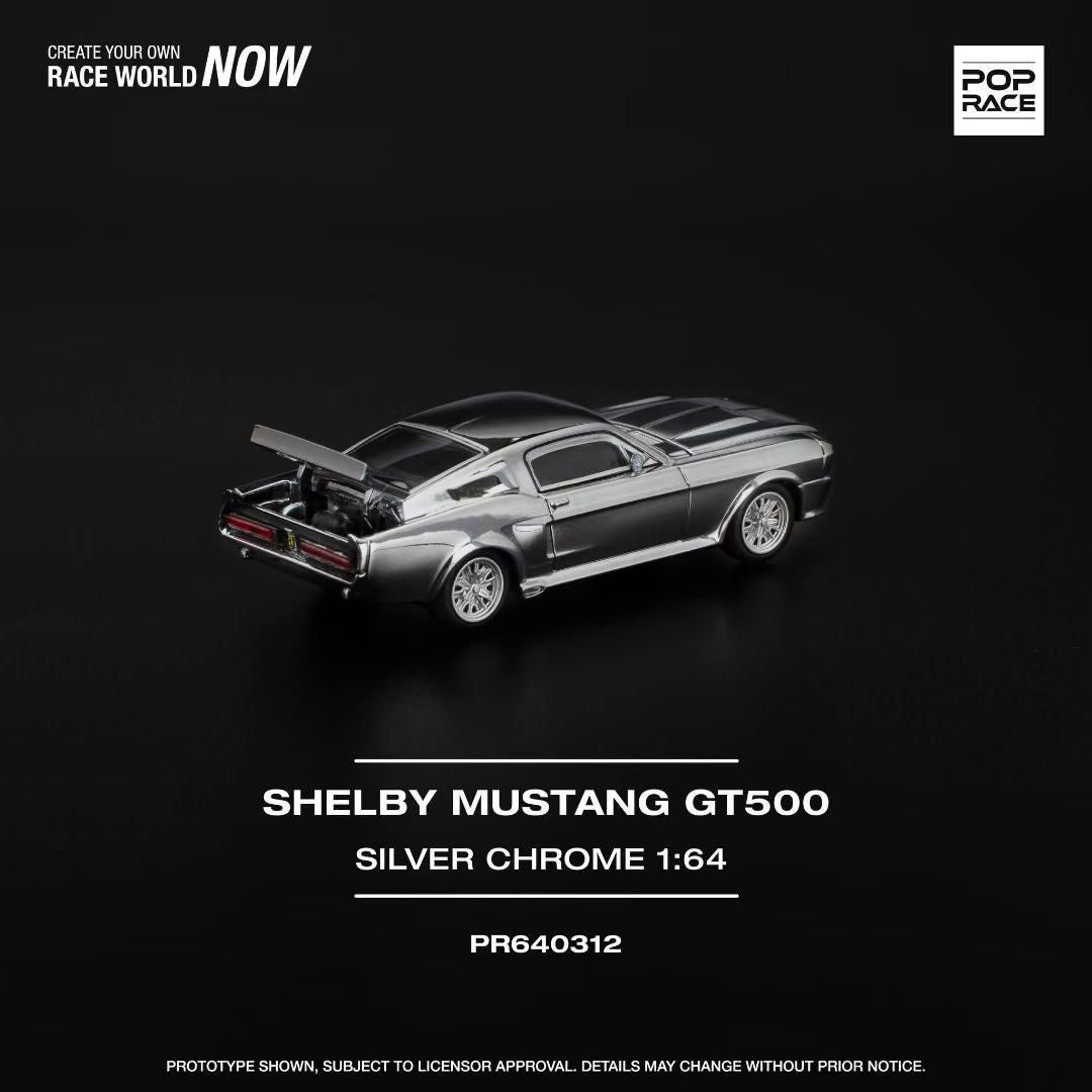 Pop Race 1:64 Shelby Mustang GT500 Silver Chrome Opening Front & Rear Detailed Engine (PR640312)