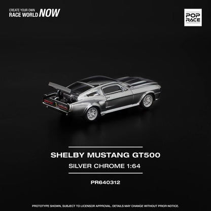 Pop Race 1:64 Shelby Mustang GT500 Silver Chrome Opening Front & Rear Detailed Engine (PR640312)