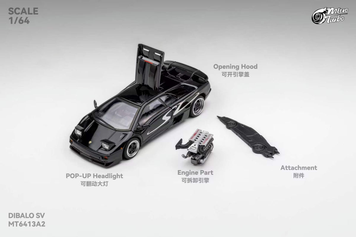 Micro Turbo 1:64 Diablo SV Metallic Black (Foldable Pop Up Head Lights + Opening Hood + Engine Part + Exhaust Details + Attachment)