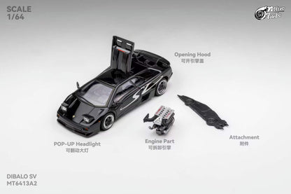 Micro Turbo 1:64 Diablo SV Metallic Black (Foldable Pop Up Head Lights + Opening Hood + Engine Part + Exhaust Details + Attachment)