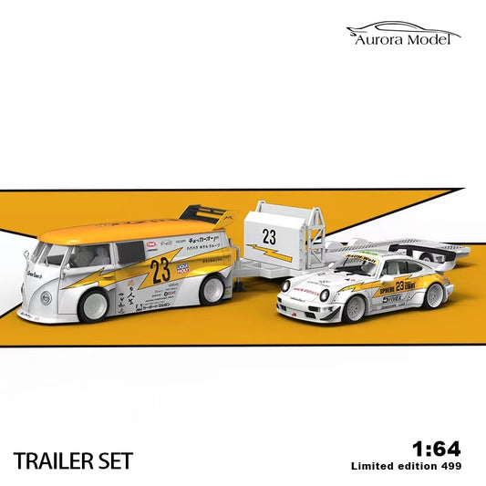 Aurora Model 1/64 Car Hauler Trailer Set Flash #23 Yellow Edition - Porsche RWB 964 & Volkswagen T1 Kombi Camper Van & Trailer