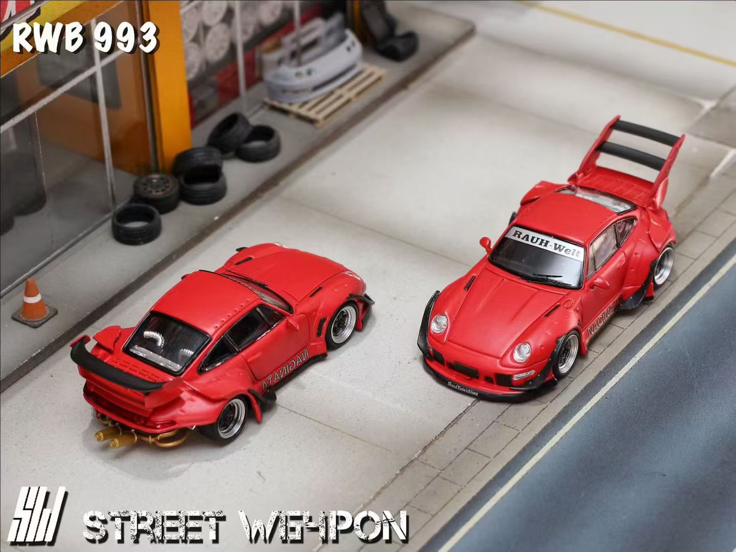 Street Weapon 1/64 Porsche RWB 993 Matt Red NAGINATA High Tail Spoiler Version