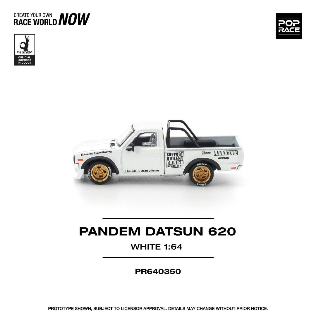 Pop Race 1/64 PANDEM Datsun 620 Pick Up Truck White Openable Front Hood Detailed Engine (PR640350)