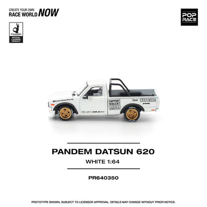 Pop Race 1/64 PANDEM Datsun 620 Pick Up Truck White Openable Front Hood Detailed Engine (PR640350)