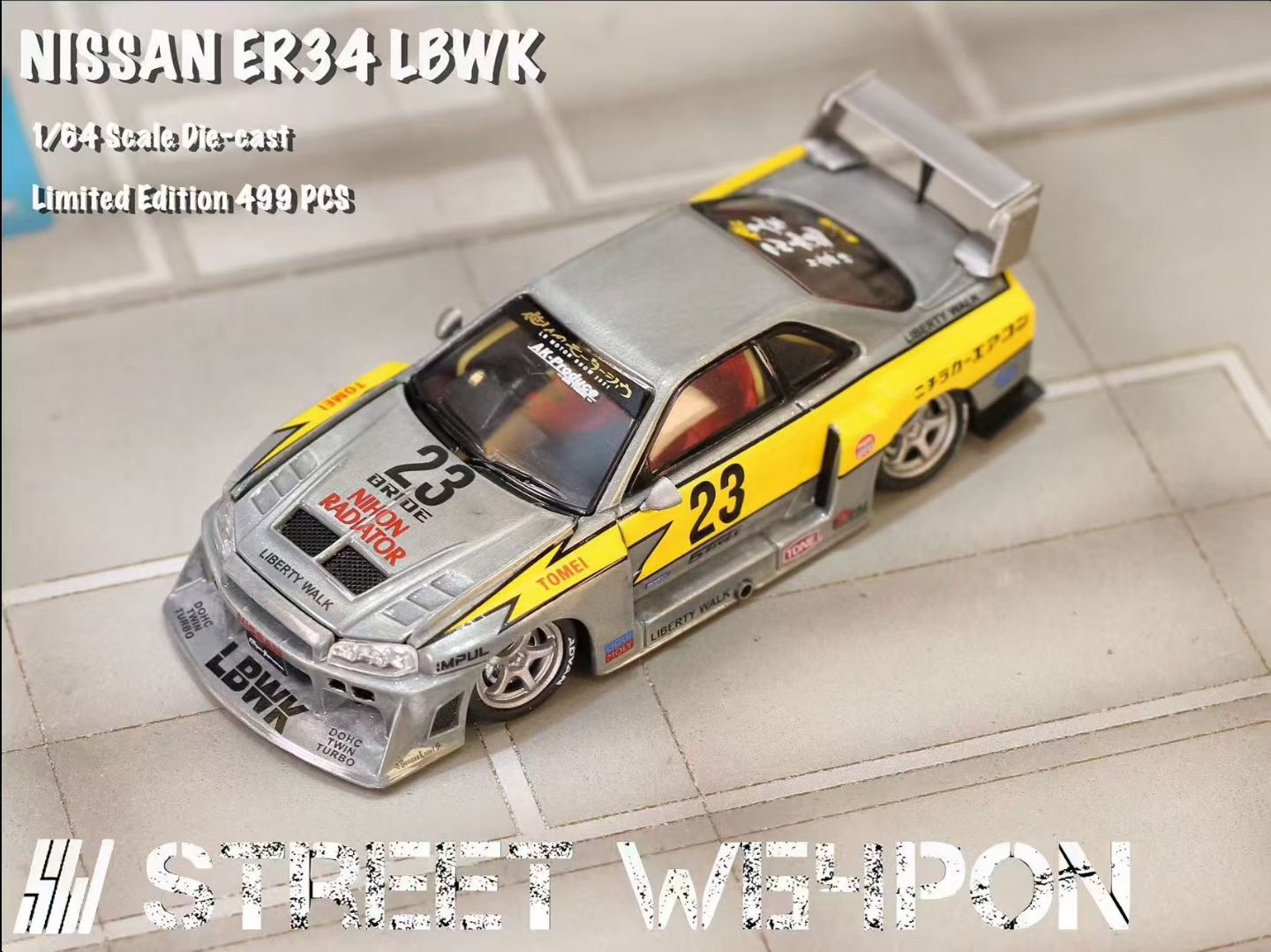 Street Weapon 1/64 Nissan Skyline GT-R R34 ER34 LBWK Super Silhouette #23 Raw Lightening Edition Openable Engine Hood Detailed Engine Limited 499 Pieces