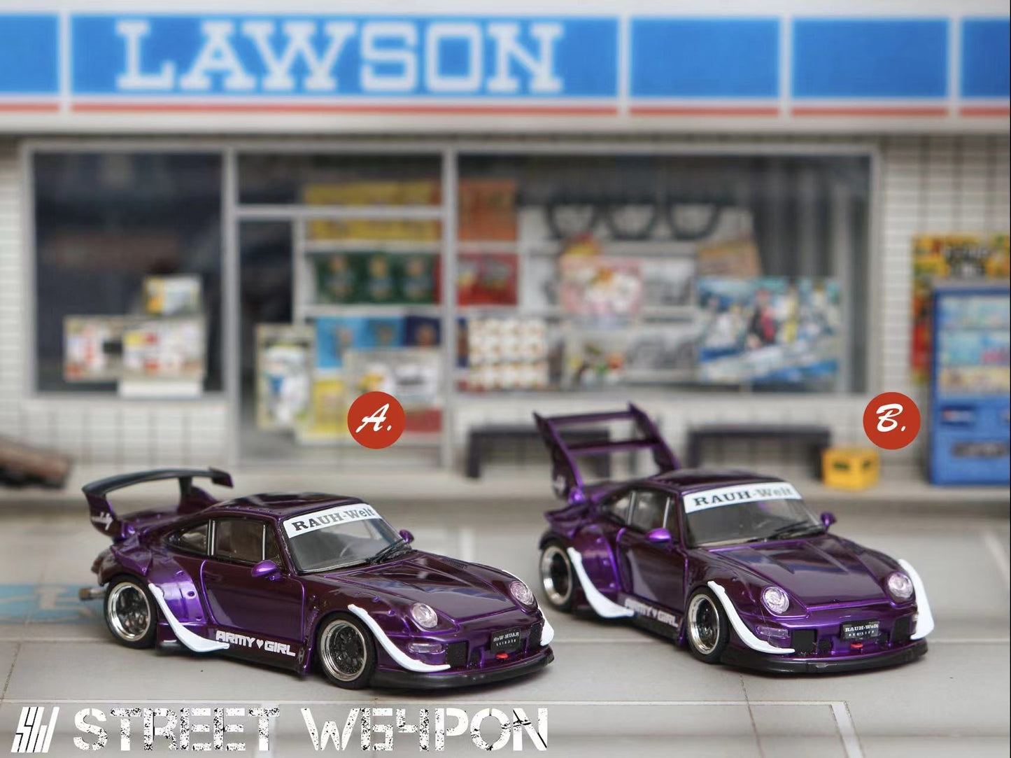Street Weapon 1/64 Porsche RWB 993 Flash Purple High Tail Spoiler Edition (Option B)