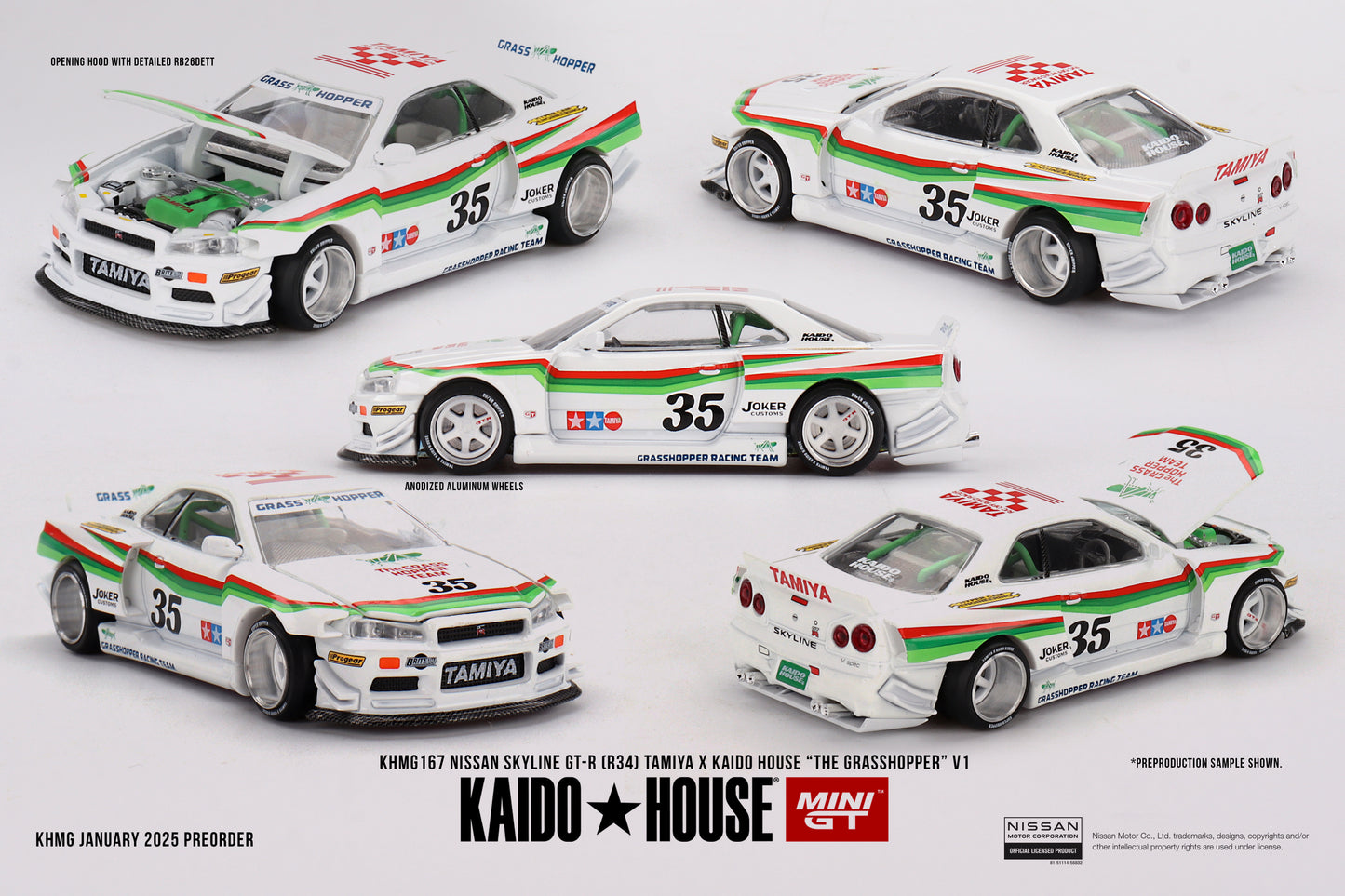 Mini GT 1:64 Nissan Skyline GT-R (R34) TAMIYA x KAIDO HOUSE "The GRASSHOPPER" V1 KaidoHouse (KHMG167)