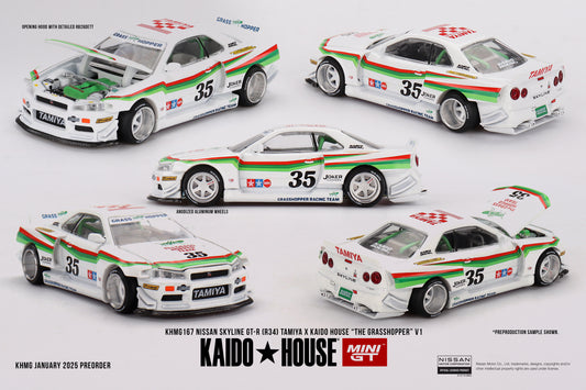 Mini GT 1:64 Nissan Skyline GT-R (R34) TAMIYA x KAIDO HOUSE "The GRASSHOPPER" V1 KaidoHouse (KHMG167)