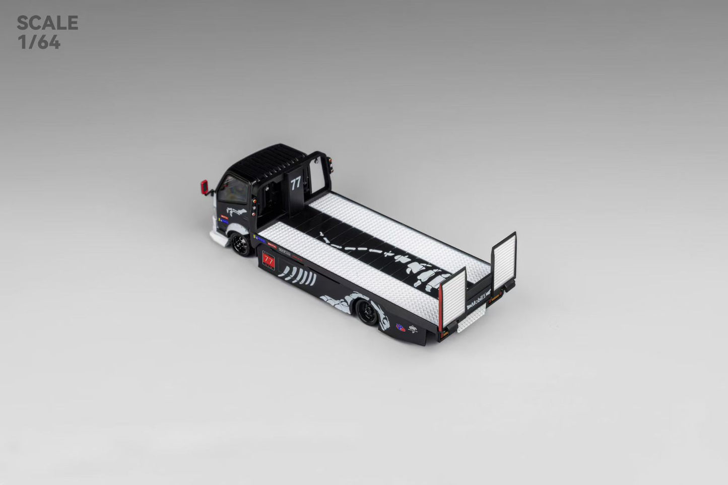 Micro Turbo 1:64 Mega Gear Hino 300 Series MK2 Custom Extendable Tow Truck Flatbed Livery Skeleton Dinosaur Black and White