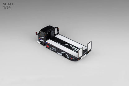 Micro Turbo 1:64 Mega Gear Hino 300 Series MK2 Custom Extendable Tow Truck Flatbed Livery Skeleton Dinosaur Black and White