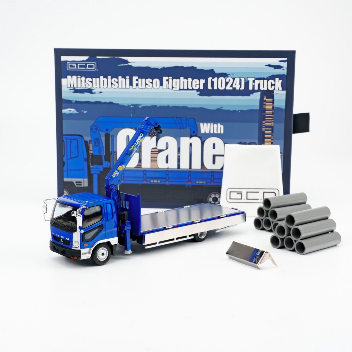GCD 1:64 Mitsubishi Fuso Fighter Boom Lifter Crane Truck Official Licensed Blue with 2 Bunches of PVC Pipes + 1 Metallic Sun Shade