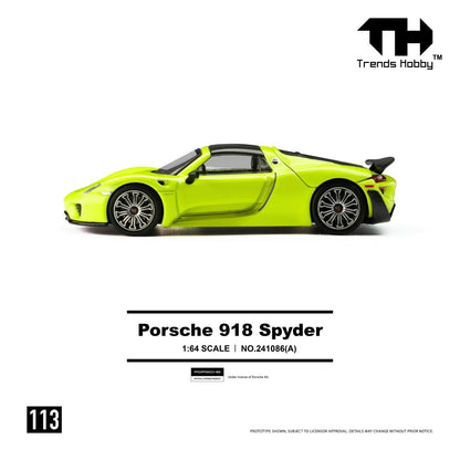 Trends Hobby 1:64 Porsche 918 Spyder Green Openable Roof and Rear Hoods Detailed Engine Porsche Official Licensed (241086A)