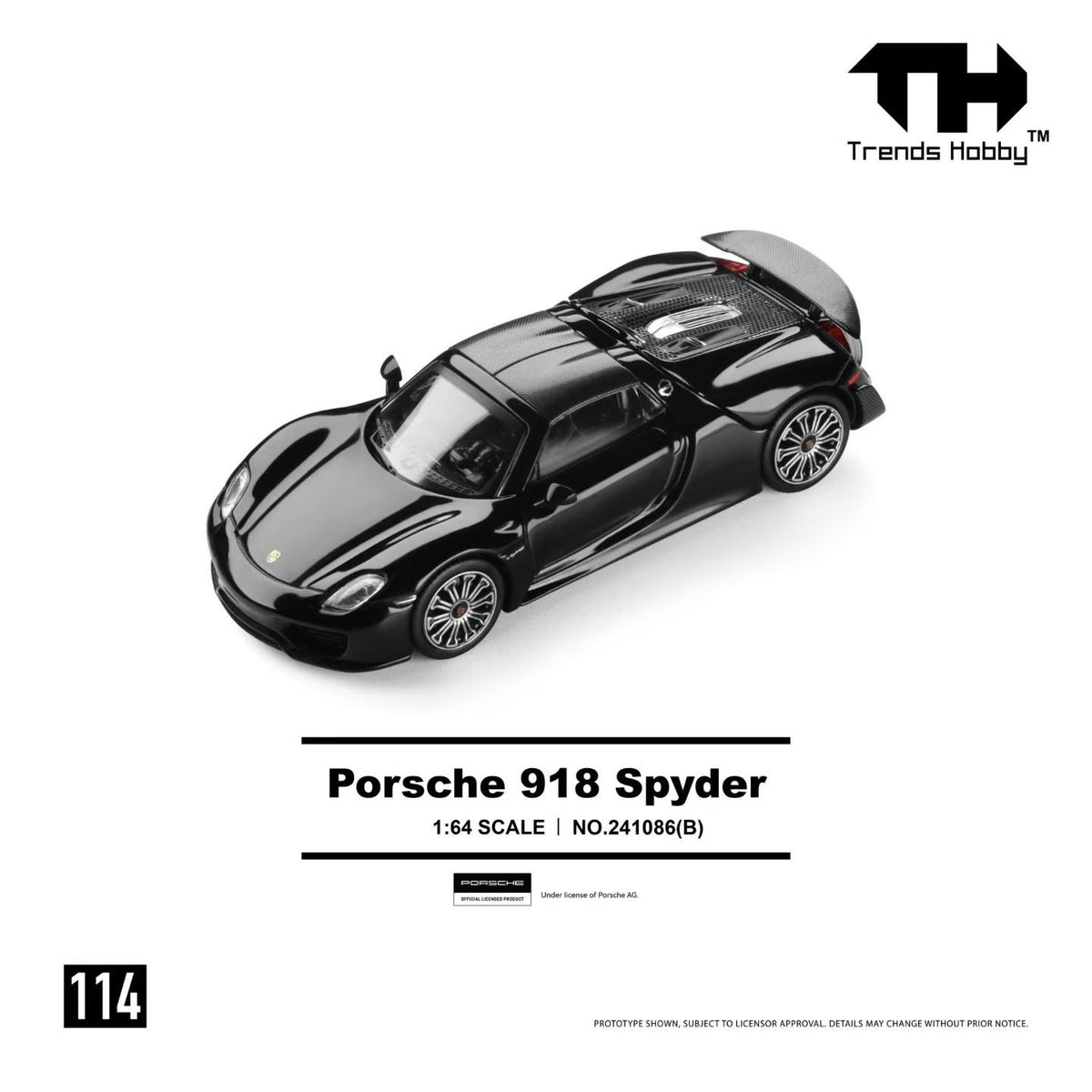 Trends Hobby 1:64 Porsche 918 Spyder Gloss Black Openable Roof and Rear Hoods Detailed Engine Porsche Official Licensed (241086B)