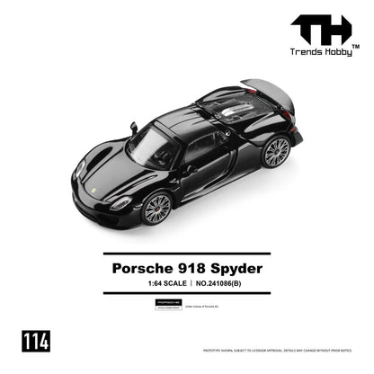 Trends Hobby 1:64 Porsche 918 Spyder Gloss Black Openable Roof and Rear Hoods Detailed Engine Porsche Official Licensed (241086B)