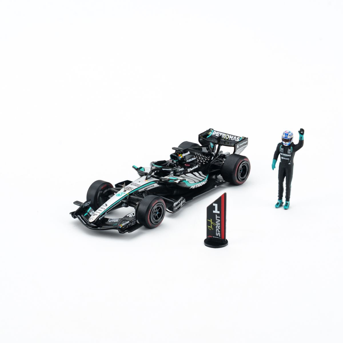 MINICHAMPS 1:64 MERCEDES-AMG PETRONAS FORMULA ONE TEAM W17 - GEORGE RUSSELL - WINNER SPRINT CHINA GP 2026 With FIGURINE AND POSITION BOARD