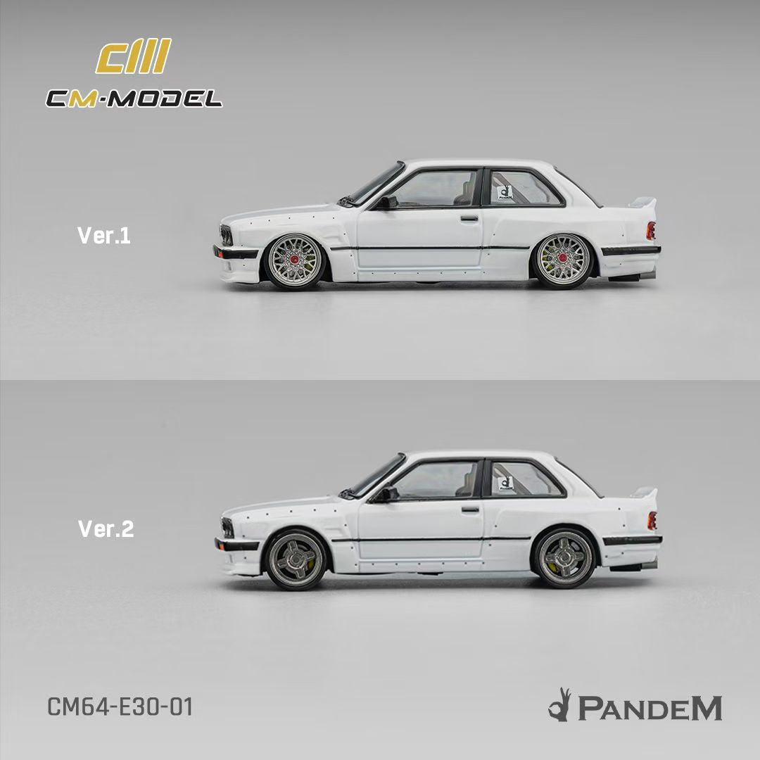 CM Model 1:64 M3 Mk1 E30 Sedan Pandem Rocket Bunny Pearl White with Extra Wheel-Set
