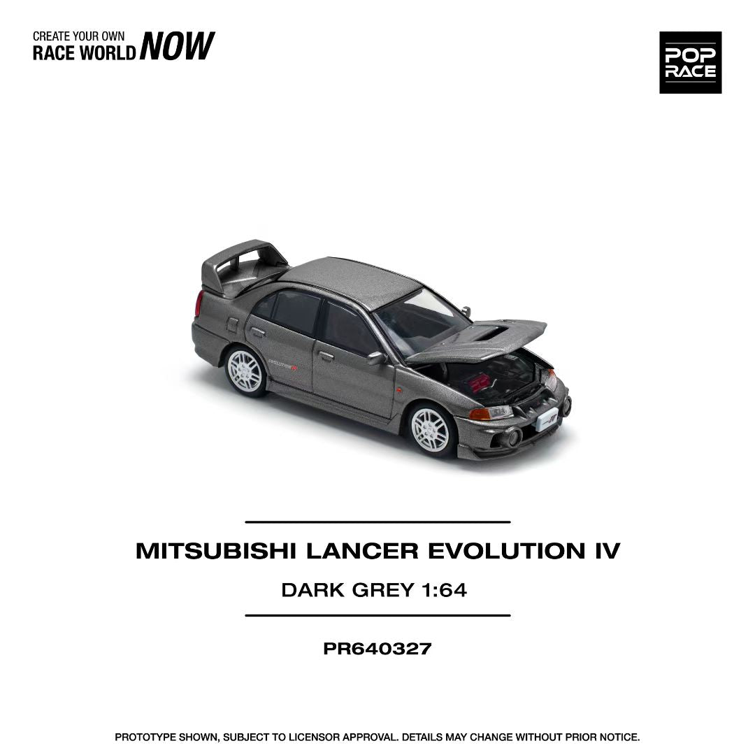 Pop Race 1:64 Mitsubishi Lancer Evolution IV Dark Grey Opening Front Detailed Engine (PR640327)