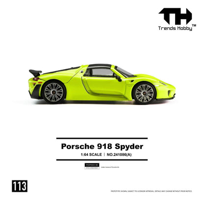 Trends Hobby 1:64 Porsche 918 Spyder Green Openable Roof and Rear Hoods Detailed Engine Porsche Official Licensed (241086A)