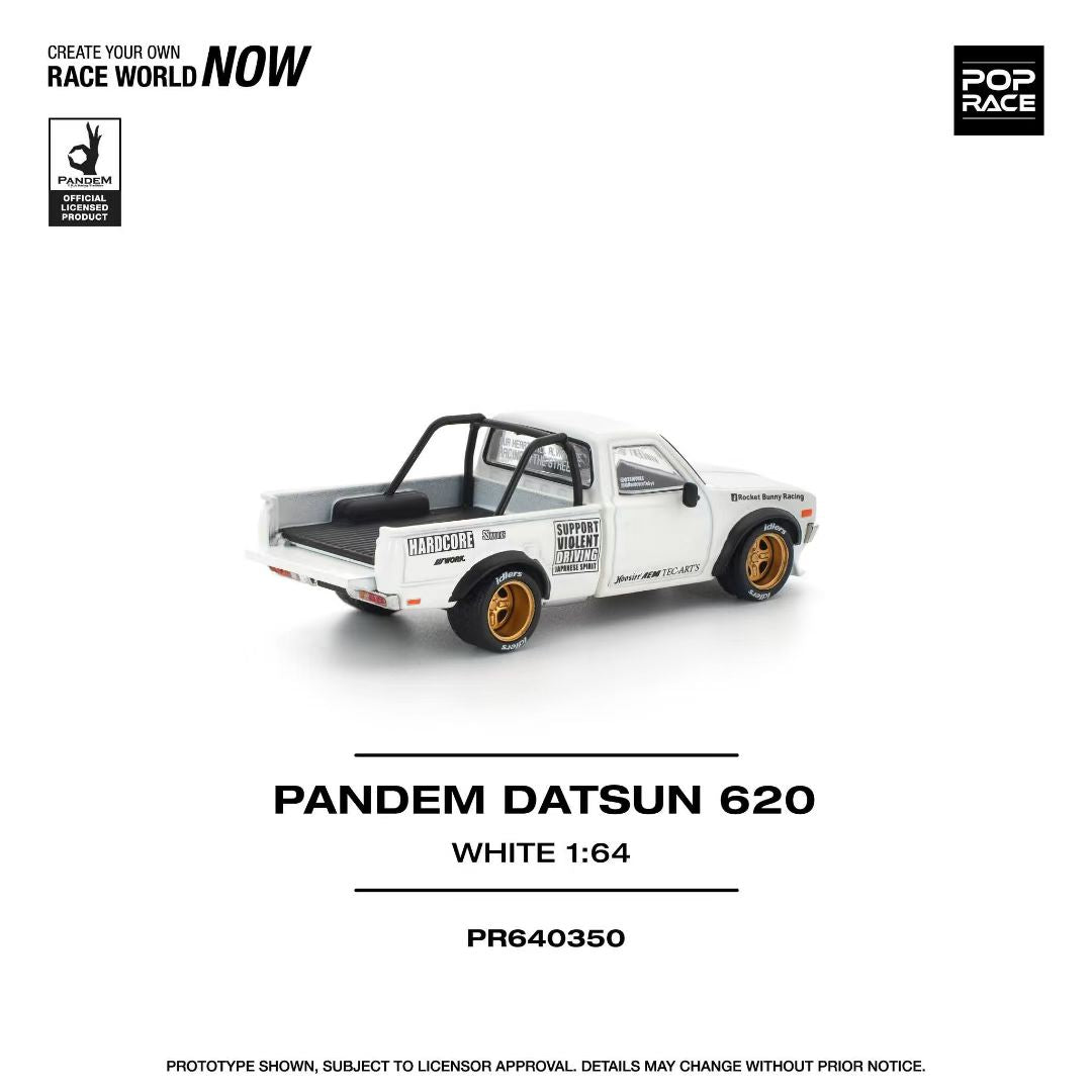 Pop Race 1/64 PANDEM Datsun 620 Pick Up Truck White Openable Front Hood Detailed Engine (PR640350)