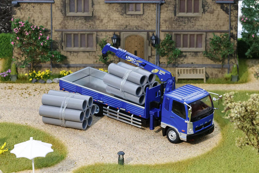 GCD 1:64 Mitsubishi Fuso Fighter Boom Lifter Crane Truck Official Licensed Blue with 2 Bunches of PVC Pipes + 1 Metallic Sun Shade