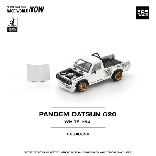 Pop Race 1/64 PANDEM Datsun 620 Pick Up Truck White Openable Front Hood Detailed Engine (PR640350)