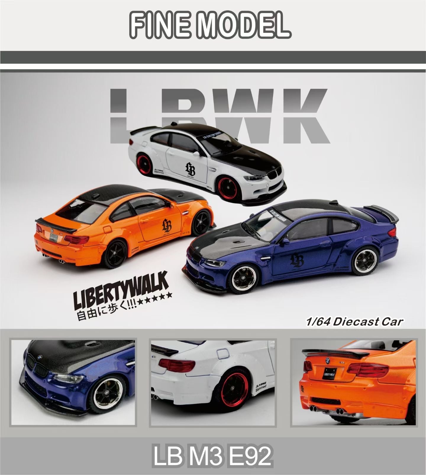 Fine Model 1:64 BMW M3 E92 LB-Works LBWK Pearl White with Decal Sticker