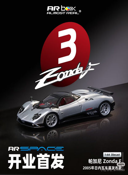 AR Box 1:64 Pagani Zonda F 2025 Presentation Grigio Mercurio Silver (Opened Front and Back Hoods Detailed Engine) with Individual Numbered Card in Premium Box Packaging Official Licensed Hobby Expo China 2026 Limited Edition