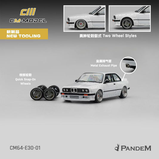 CM Model 1:64 M3 Mk1 E30 Sedan Pandem Rocket Bunny Pearl White with Extra Wheel-Set