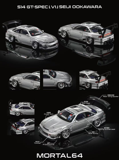 Mortal 1:64 Silvia S14 GT-SPEC V1 Seiji Ookawara Cambergang 1.0 Silver in Premium Box Packaging