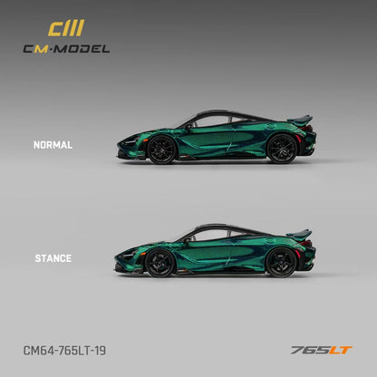 CM Model 1:64 McLaren 765LT Chrome Carbon Green Moving Spoiler Extra Wheels Set McLaren Official Licensed